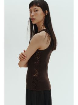 H&M - Women Brown Ribbed Lace-Inset Vest Top