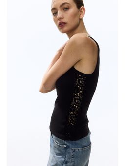H&M - Women Black Ribbed Lace-Inset Vest Top