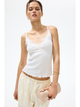 H&M - Women White Lace-Trimmed Pointelle-Knit Top