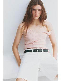 H&M - Women Pink Lace-Trimmed Pointelle-Knit Top