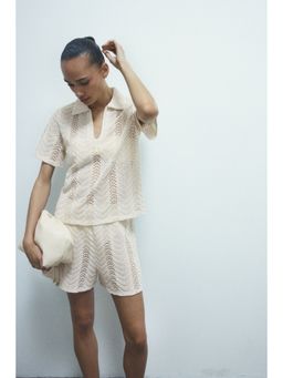 H&M - Women Beige Crochet-Look Polo T-Shirt