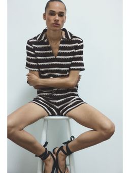 H&M - Women Brown Crochet-Look Polo T-Shirt
