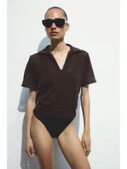 H&M - Women Brown Crochet-Look Polo T-Shirt