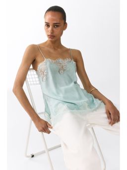 H&M - Women Turquoise Lace-Trimmed Jacquard-Weave Top