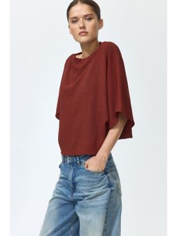 H&M - Women Red Crinkled Boat-Neck Top