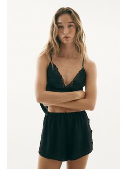 H&M - Women Black Lace-Trimmed Viscose Top With Shorts