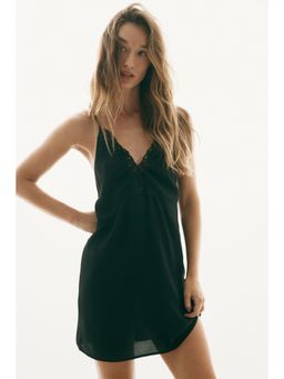 H&M - Women Black Lace-Trimmed Viscose Nightslip