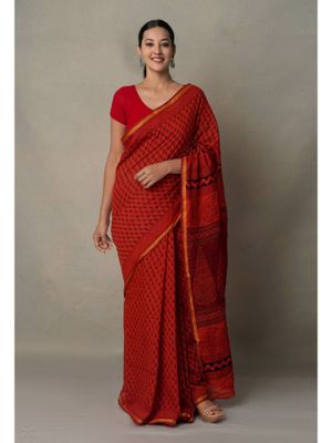 Maroon Printed Cotton Bagh Saree With Unstitched Blouse Piece