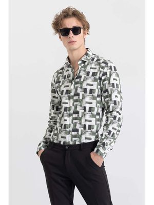 Snitch Printed Box Green Seersucker Shirt