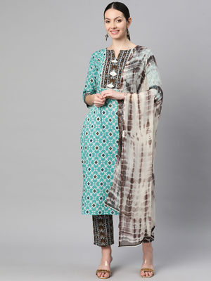Indibelle Cotton Tie-Up Floral Print Straight Kurta (Green) main image 1