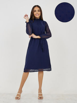 Clearance Navy Blue Fit & Flare Midi V-neck Party Dress