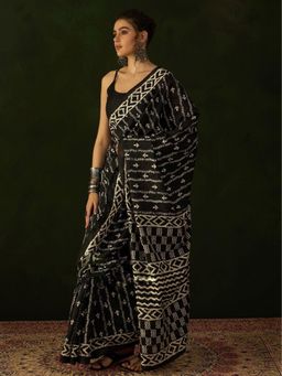 Sindh Fashion - Black Printed Saree with Unstitched Blouse