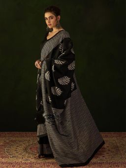 Sindh Fashion - Leaf Black Printed Saree with Unstitched Blouse