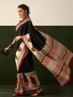 Sindh Fashion - Paisley Black Print Saree with Unstitched Blouse