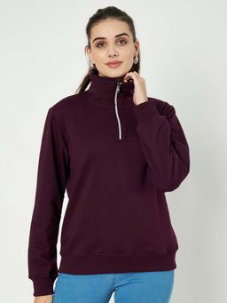 BRINNS - Women Burgundy Solid High Neck Sweatshirt