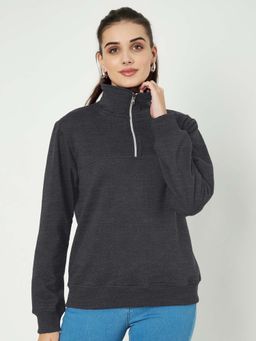 BRINNS - Women Charcoal Solid High Neck Sweatshirt