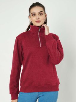 BRINNS - Women Maroon Solid High Neck Sweatshirt