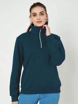BRINNS - Women Teal Solid High Neck Sweatshirt