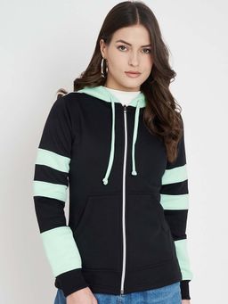 BRINNS - Women Mint Green and Black Colorblock Fleece Front-Zip Hoodie