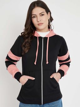 BRINNS - Women Peach and Black Colorblock Fleece Front-Zip Hoodie
