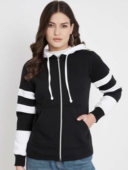 BRINNS - Women White and Black Colorblock Fleece Front-Zip Hoodie