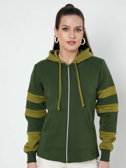 BRINNS - Women Green and Olive Colorblock Fleece Front-Zip Hoodie