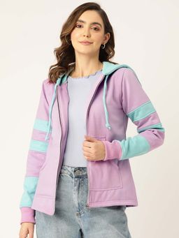 BRINNS - Women Lavender and Turquoise Colorblock Fleece Front-Zip Hoodie