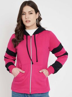 BRINNS - Women Magenta and Black Colorblock Fleece Front-Zip Hoodie