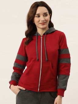 BRINNS - Women Maroon and Grey Colorblock Fleece Front-Zip Hoodie