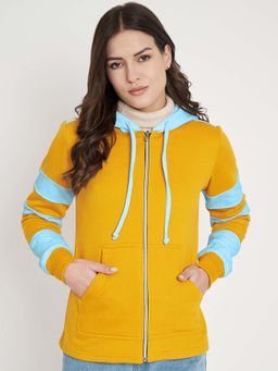 BRINNS - Women Mustard and Blue Colorblock Fleece Front-Zip Hoodie