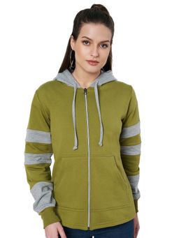 BRINNS - Women Olive and Grey Colorblock Fleece Front-Zip Hoodie