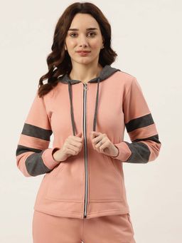 BRINNS - Women Grey and Pink Colorblock Fleece Front-Zip Hoodie