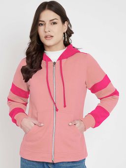 BRINNS - Women Magenta and Pink Colorblock Fleece Front-Zip Hoodie