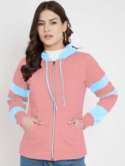 BRINNS - Women Turquoise and Pink Colorblock Fleece Front-Zip Hoodie