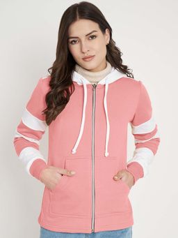 BRINNS - Women White and Pink Colorblock Fleece Front-Zip Hoodie