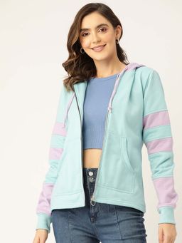 BRINNS - Women Turquoise and Lavender Colorblock Fleece Front-Zip Hoodie