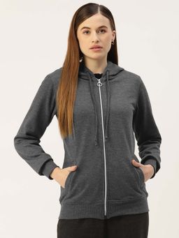 BRINNS - Women Charcoal Hooded Fleece Front-Zip Hoodie