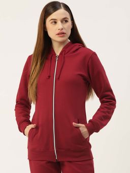 BRINNS - Women Maroon Hooded Fleece Front-Zip Hoodie