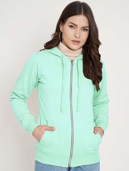 BRINNS - Women Mint Green Hooded Fleece Front-Zip Hoodie