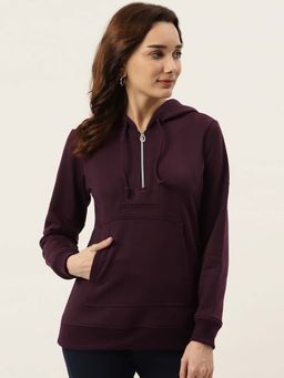 BRINNS - Women Burgundy Long Sleeves Solid Pullover Hoodie