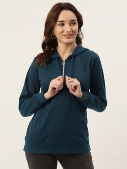 BRINNS - Women Teal Long Sleeves Solid Pullover Hoodie