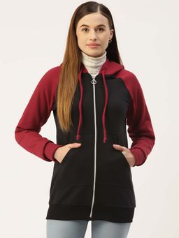 BRINNS - Women Black Colorblock Front-Zip Hoodie