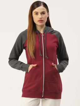 BRINNS - Women Maroon Colorblock Front-Zip Hoodie