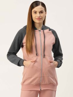 BRINNS - Women Peach Colorblock Front-Zip Hoodie