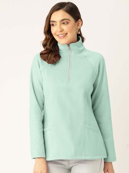 BRINNS - Women Mint Green High Neck Half Zipper Pullover Sweatshirt