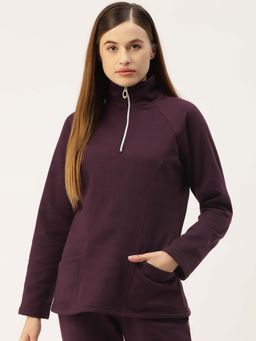 BRINNS - Women Burgundy High Neck Half Zipper Pullover Sweatshirt