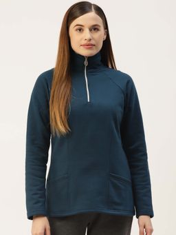 BRINNS - Women Teal High Neck Half Zipper Pullover Sweatshirt