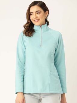 BRINNS - Women Turquoise High Neck Half Zipper Pullover Sweatshirt