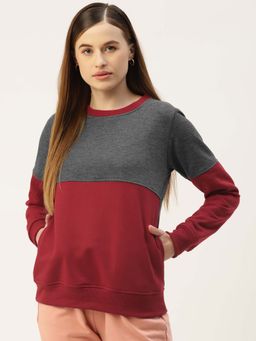 BRINNS - Women Maroon and Grey Colorblock Pullover Sweatshirt