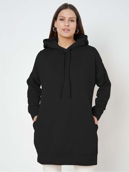 BRINNS - Women Black Solid Longline Pullover Hoodie